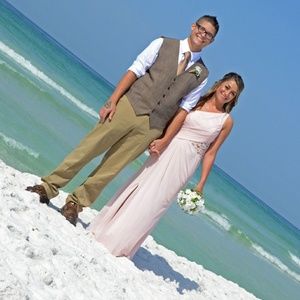 David's Bridal one shoulder dress with lace inset